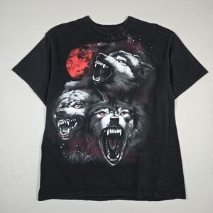Y2K Blood Moon 3 Wolf T-Shirt Men's Size Large Black Horror Wolves Demon